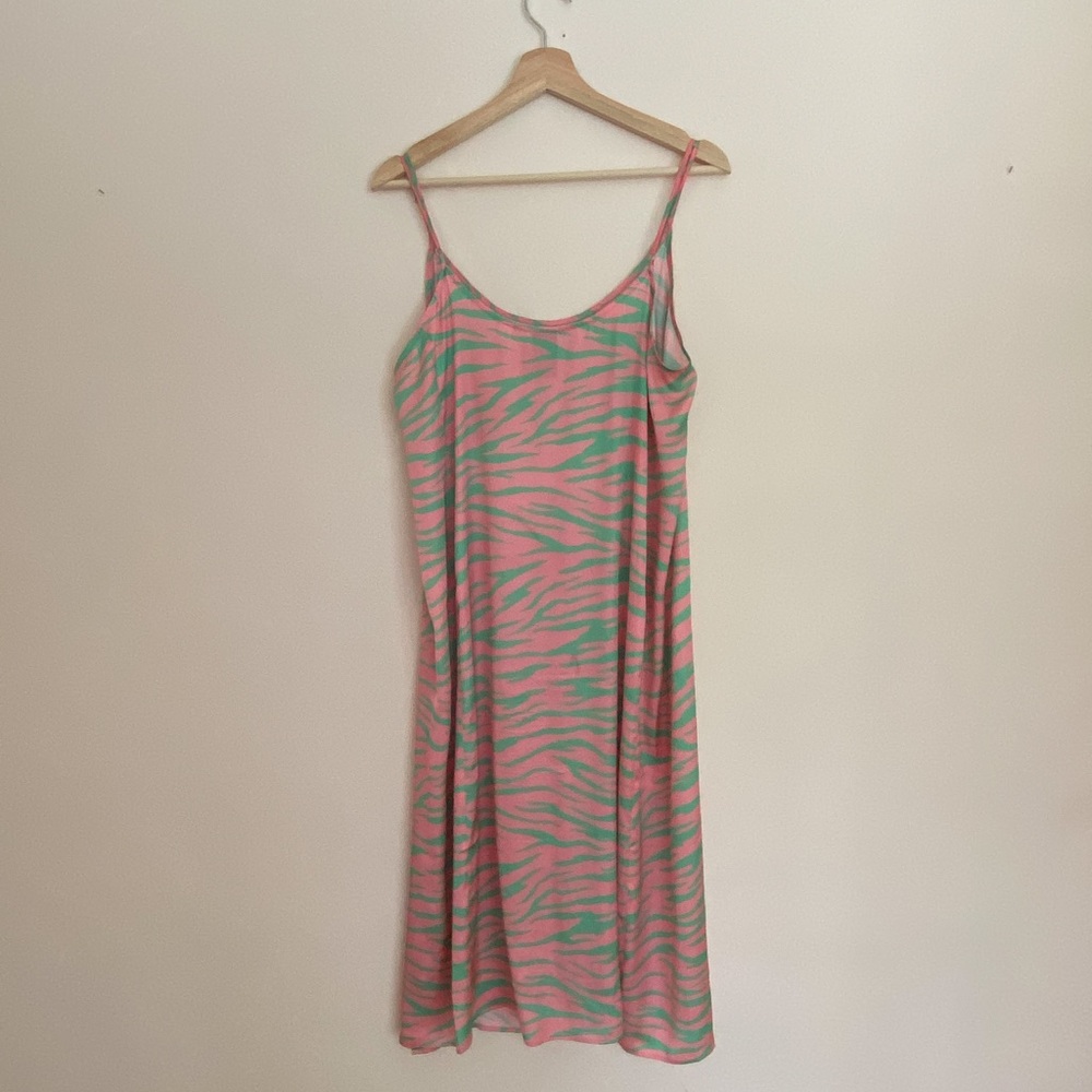 COLLUSION zebra print slip cami midi dress in pink & green size 12